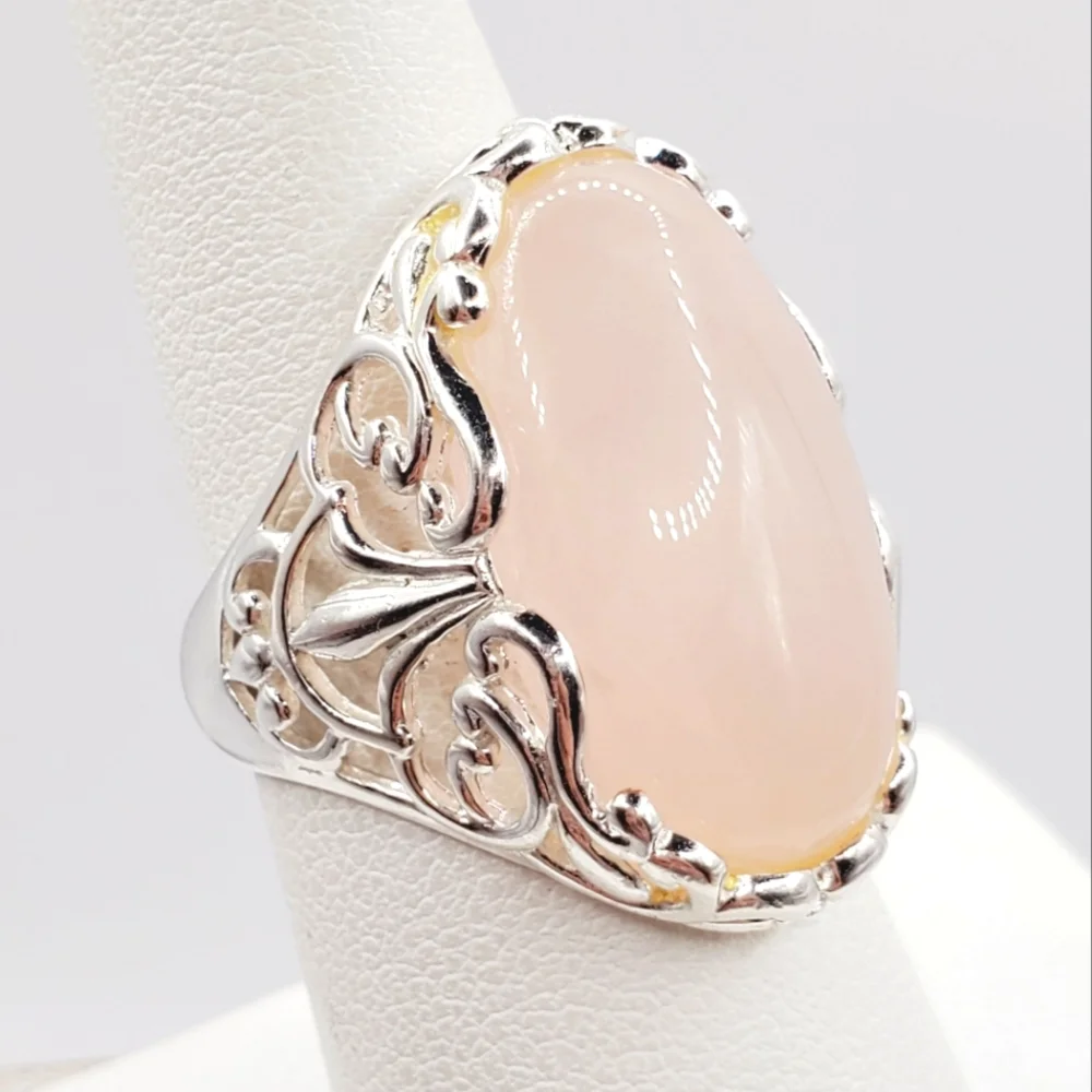 925 Sterling Silver Ring Blush Pink Ring Quartz  Ring Ornate Ring size 8